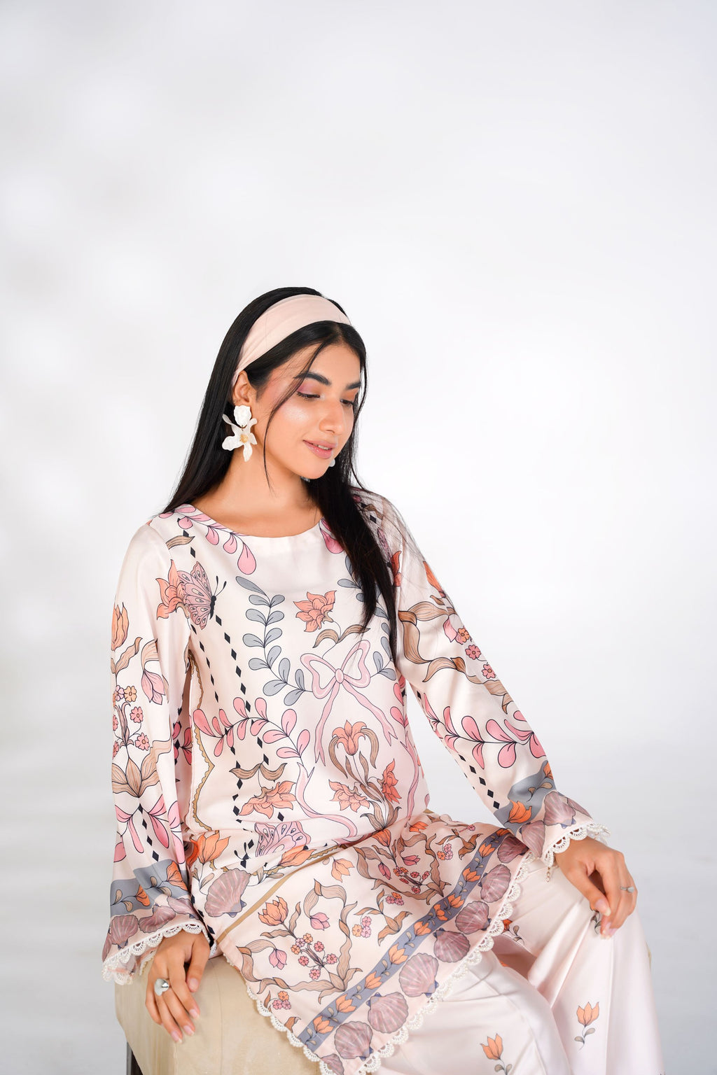 Floral Butterfly Korean Silk Co-Ord Set