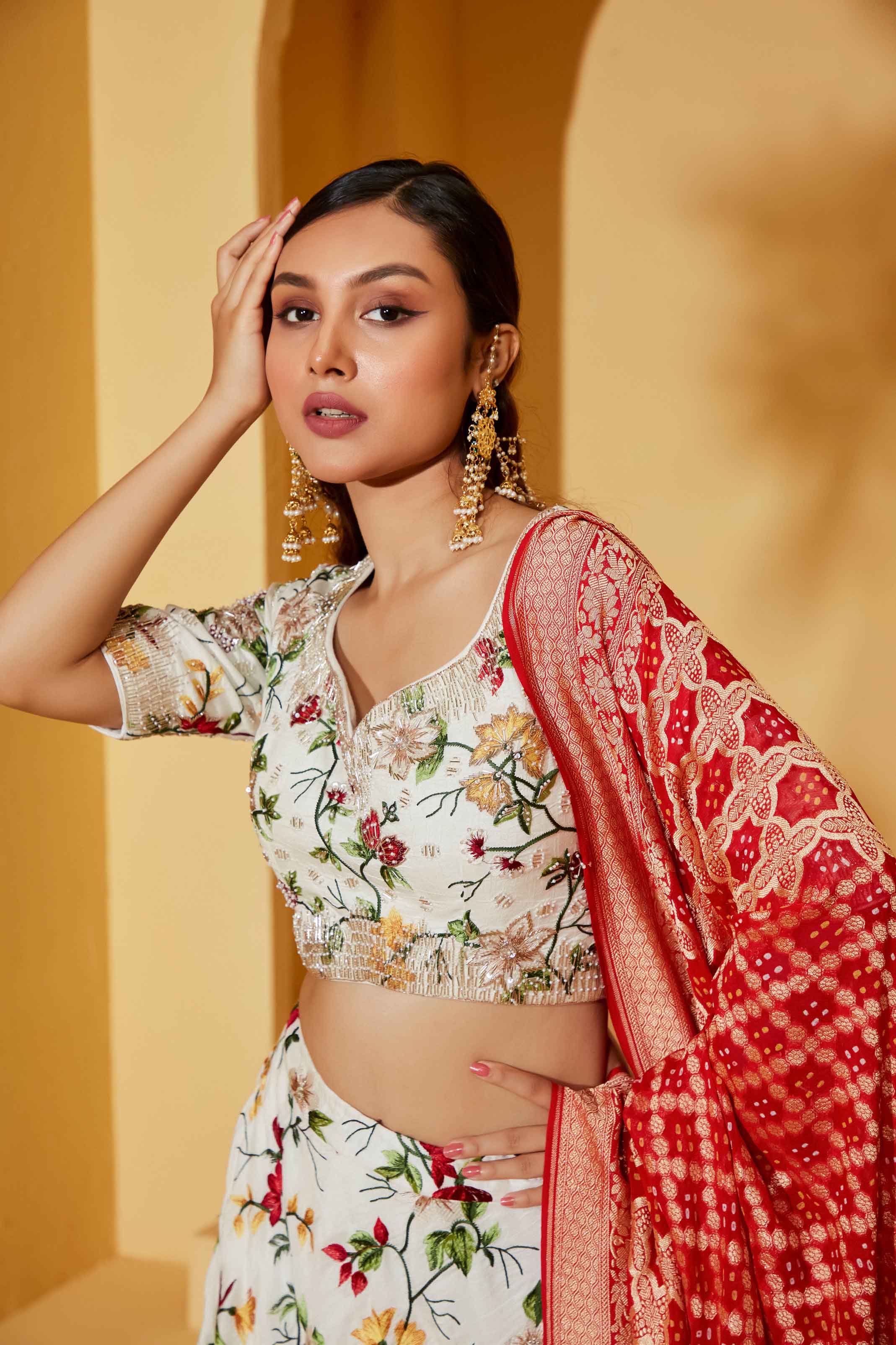 White Thread Work Lehenga Set