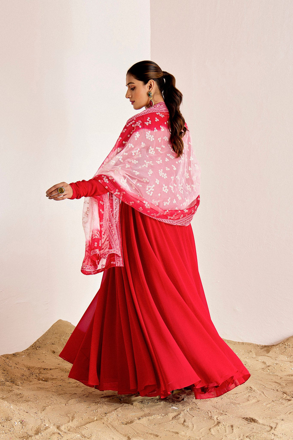Red Anarkali With Ombre Dupatta