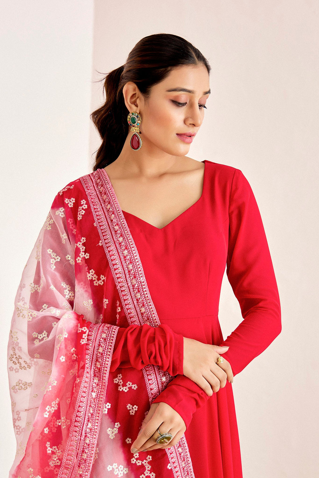 Red Anarkali With Ombre Dupatta
