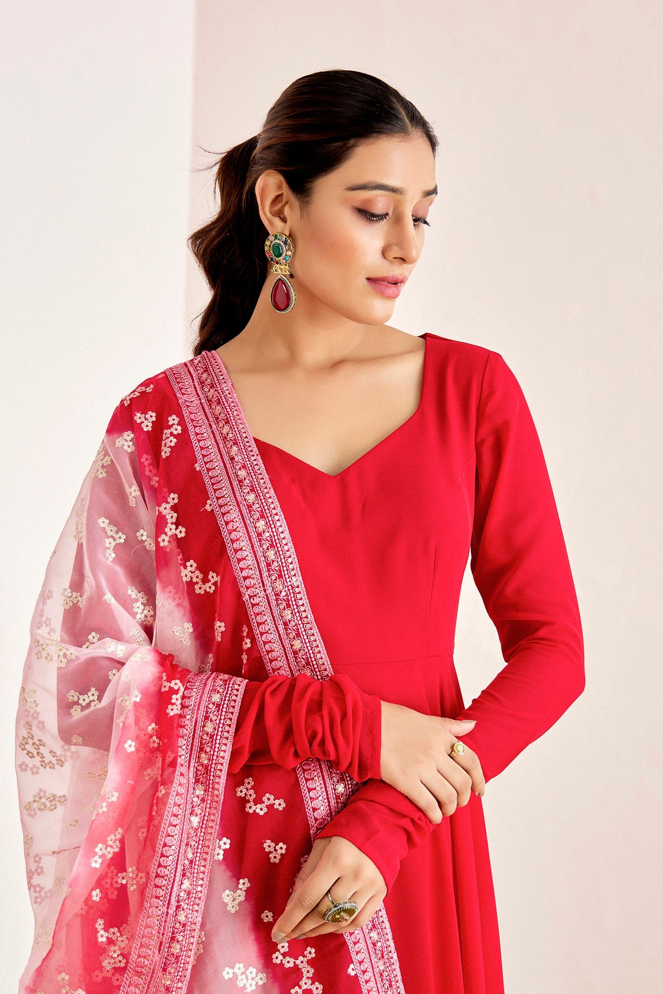 Red Anarkali With Ombre Dupatta