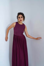 Wine Embroidered Flared Dress
