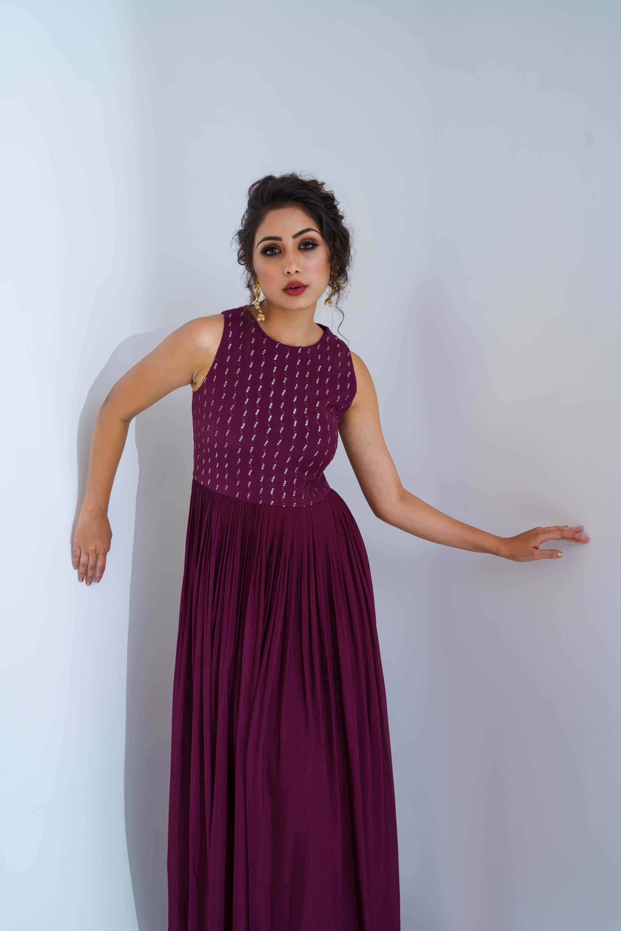 Wine Embroidered Flared Dress