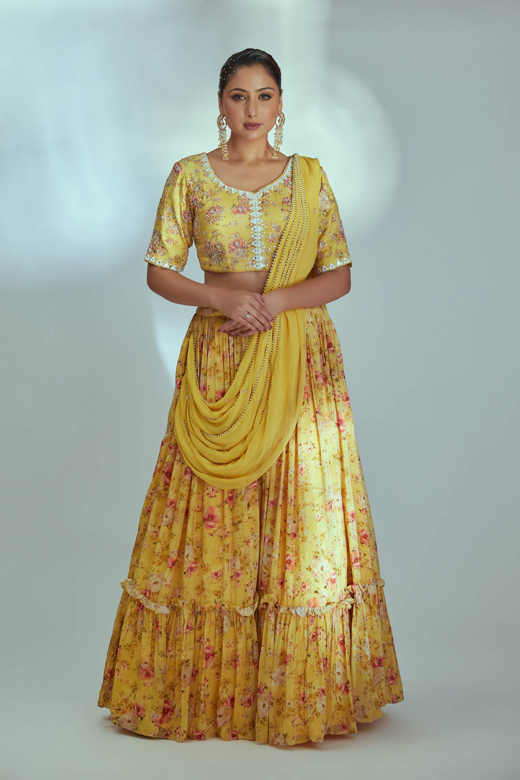 Yellow pre drape printed lehenga set